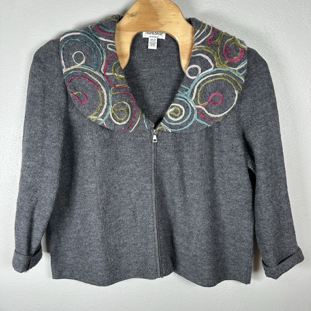 NorthStyle Wool Full‎ Zip Cardigan Sweater Womens Size 2X Gray Artsy Classic